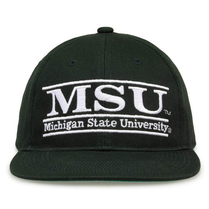 Michigan State Retro Bar snapback hat in dark green, front view