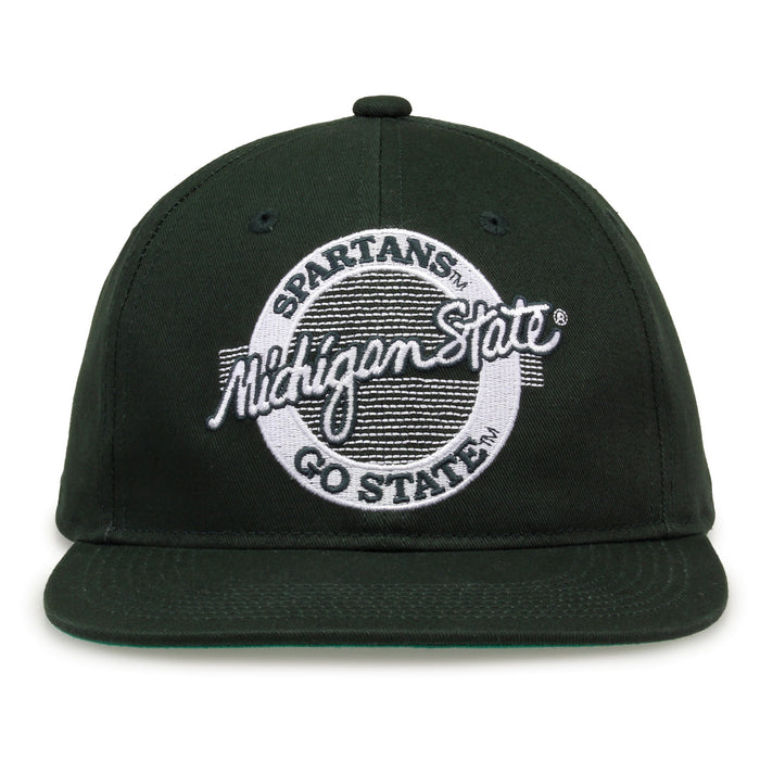 Michigan State Retro Circle snapback hat in dark green, front view