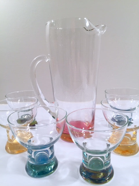 Mid-Century Vintage Rainbow Martini Pitcher with 6 low-ball glasses (1 Pitcher and 6 Low-Ball Glasses)