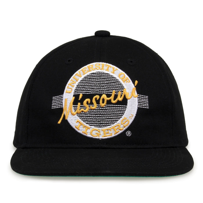 Missouri Retro Circle snapback hat in black, front view