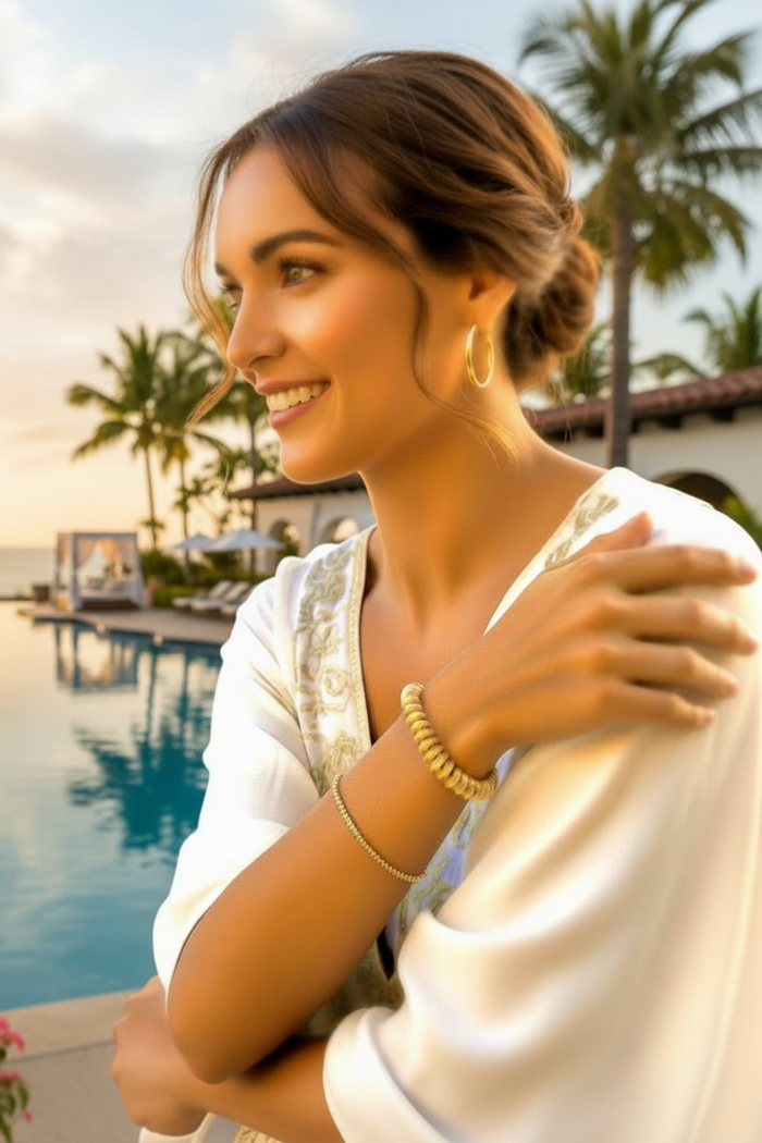Montecito Brushed Gold Vermeil Disc Bracelet – Sculptural Luxury Stretch Bracelet