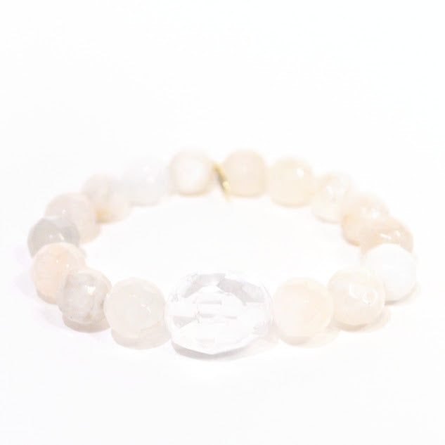 Moonstone Bracelet | Cream Faceted + Clear Quartz Center Stone