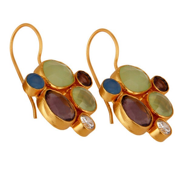Multi-Colored Blue, Green & Purple Chalcedony Dangle Earrings 1.5"