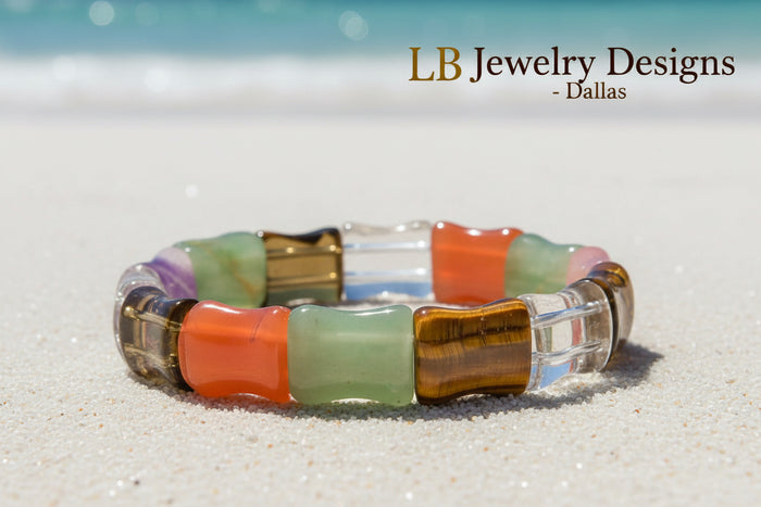 Multicolor Gemstone Bamboo Bracelet – Carnelian, Tiger’s Eye, Amethyst & Aventurine