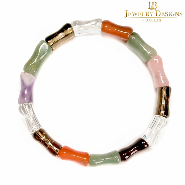 Multicolor Gemstone Bamboo Bracelet – Carnelian, Tiger’s Eye, Amethyst & Aventurine