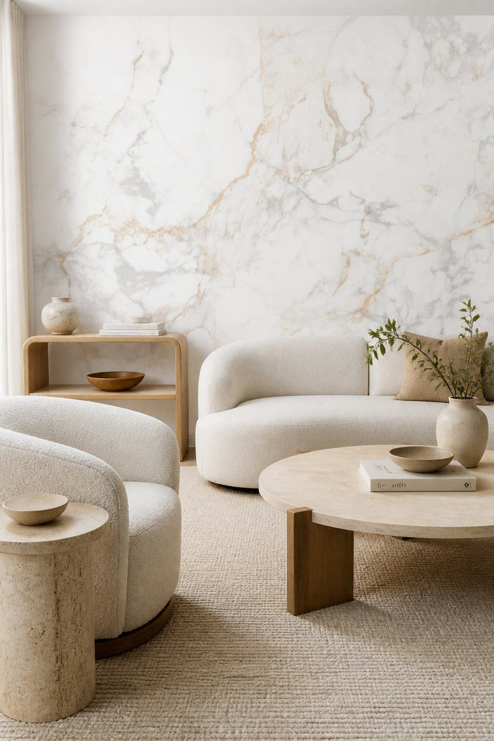 Natural Beige Marble wall mural behind a living room sofa
