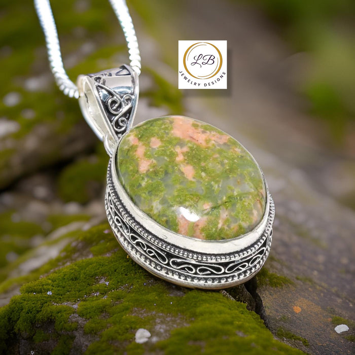 Natural Unakite Gemstone Sterling Silver Pendant 2.58"