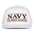 Navy Retro Bar snapback hat in white, front view