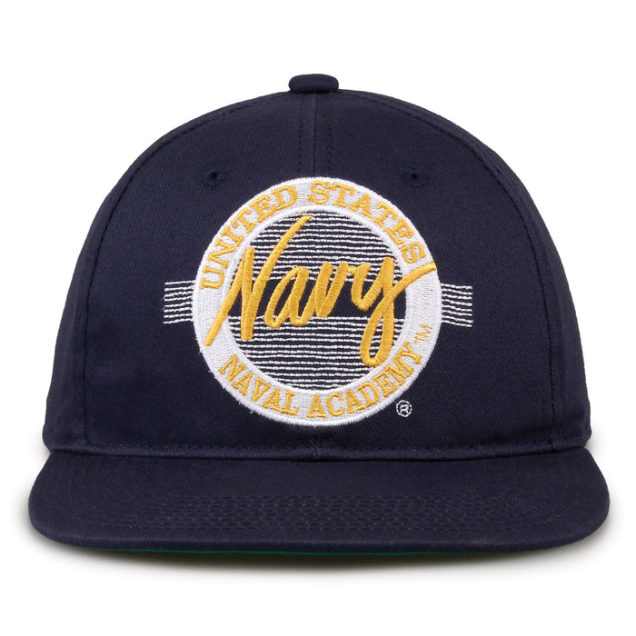 Navy Retro Circle snapback hat in navy, front view
