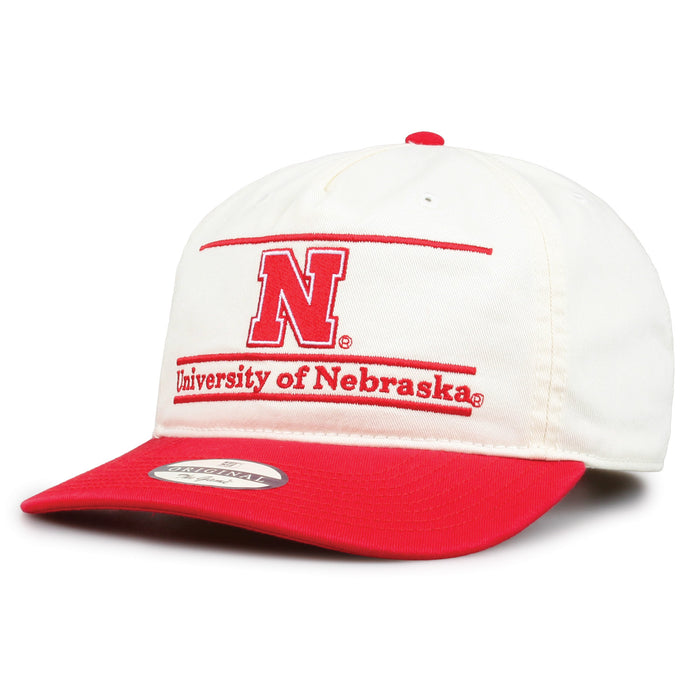 Nebraska Original Bar snapback hat showing embroidered front design and curved brim, angled view