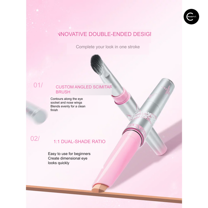 Double-ended pink and silver eye makeup pen with angled brush and dual-color tip