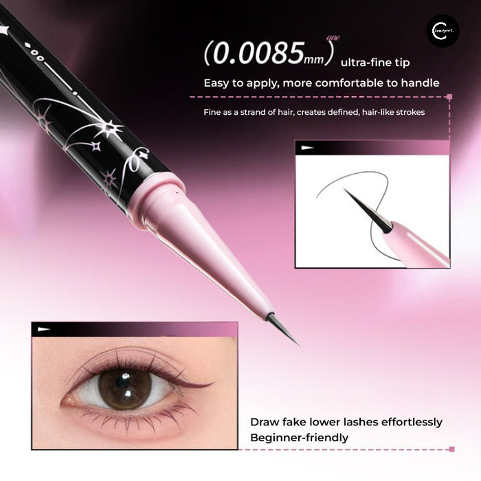 NEIYOU Magic Wand Ultra-Fine Liquid Eyeliner with pink handle and pointed brush tip, shown with eye line detail