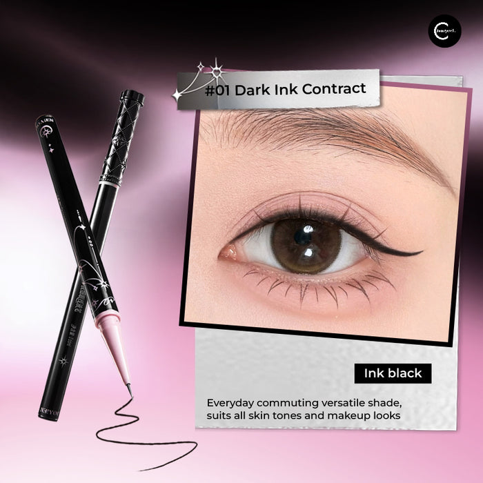 NEIYOU Magic Wand Ultra-Fine Liquid Eyeliner #01, black pen and applicator with black winged eye swatch