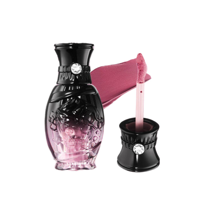 NEIYOU Monster Bear Soft-Focus Lip Glaze in black and pink bear-shaped packaging with applicator and mauve swatch