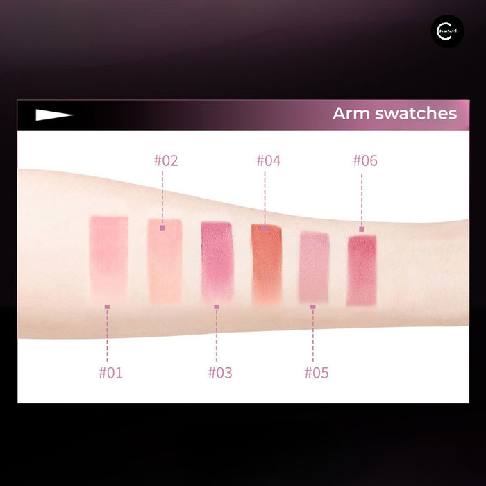 NEIYOU Monster Bear Soft-Focus Lip Glaze arm swatches for shades #01 through #06