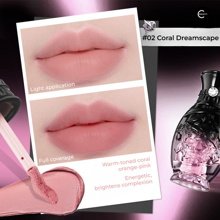 NEIYOU Monster Bear Soft-Focus Lip Glaze in #02 Coral Dreamscape, showing light and full coverage on lips