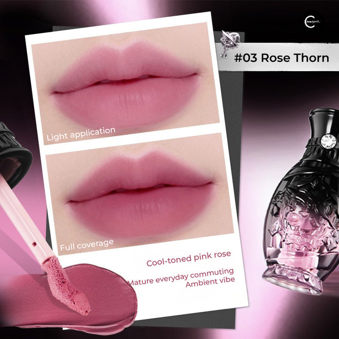 NEIYOU Monster Bear Soft-Focus Lip Glaze #03 Rose Thorn, pink rose shade with applicator and lip swatches