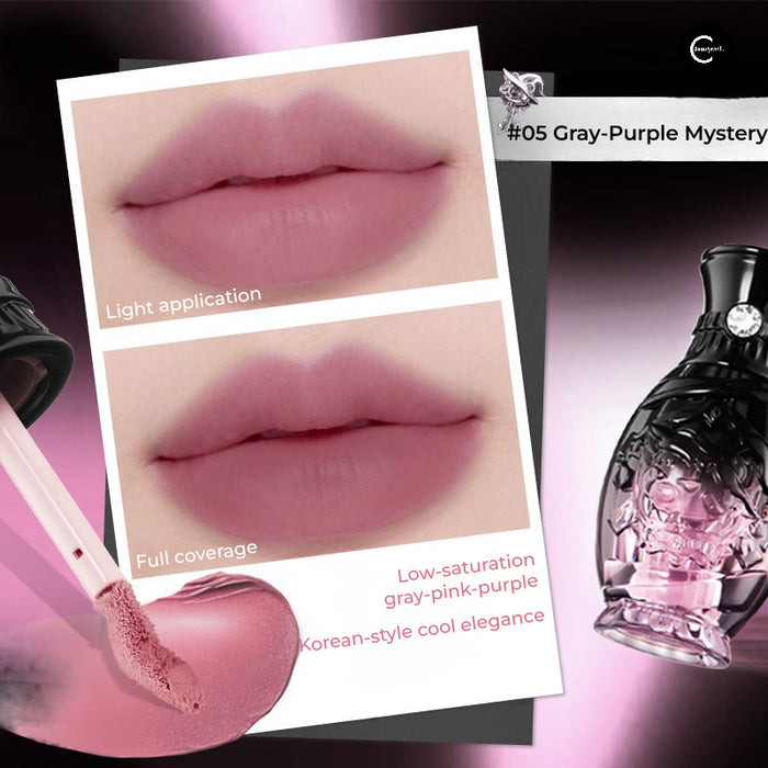 NEIYOU #05 Gray-Purple Mystery soft-focus lip glaze swatch with applicator and lip application views