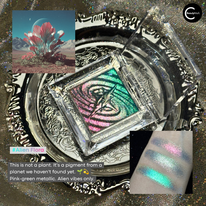 NOIRICORN Alien Flora single eyeshadow compact with pink and green metallic pigment, shown open
