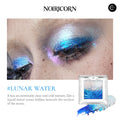 NOIRICORN Lunar Water eyeshadow pigment in a single compact with blue and silver swatches and eye makeup close-up