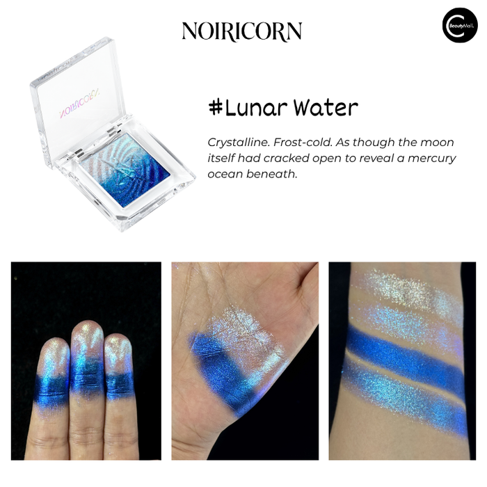 NOIRICORN Lunar Water eyeshadow single in an open compact with blue and iridescent swatches