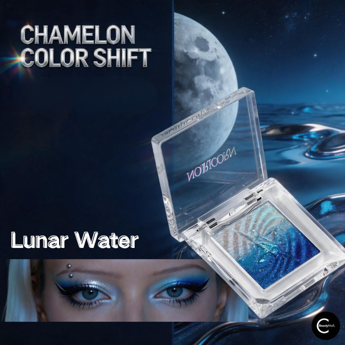 NOIRICORN Lunar Water eyeshadow single in an open clear compact with blue and silver pigment