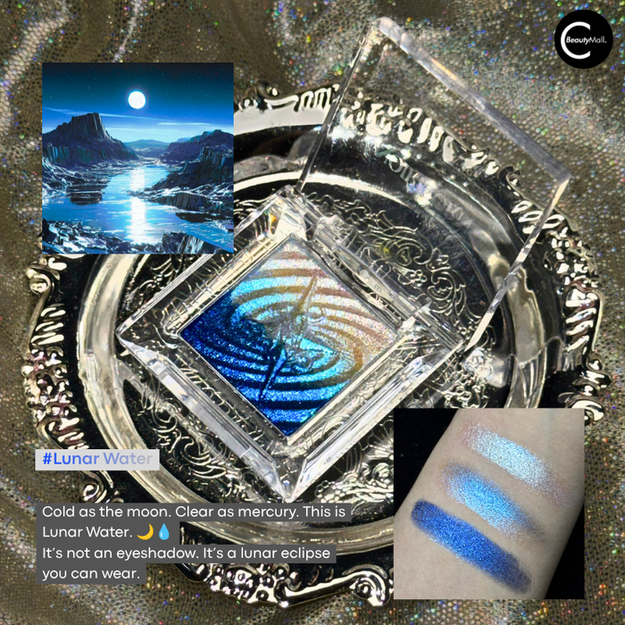 NOIRICORN Lunar Water eyeshadow pigment single in an open clear compact with blue and silver swatches