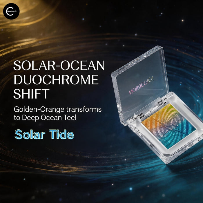 NOIRICORN Solar Tide eyeshadow pigment single in an open compact, showing a golden-orange and teal pressed pattern