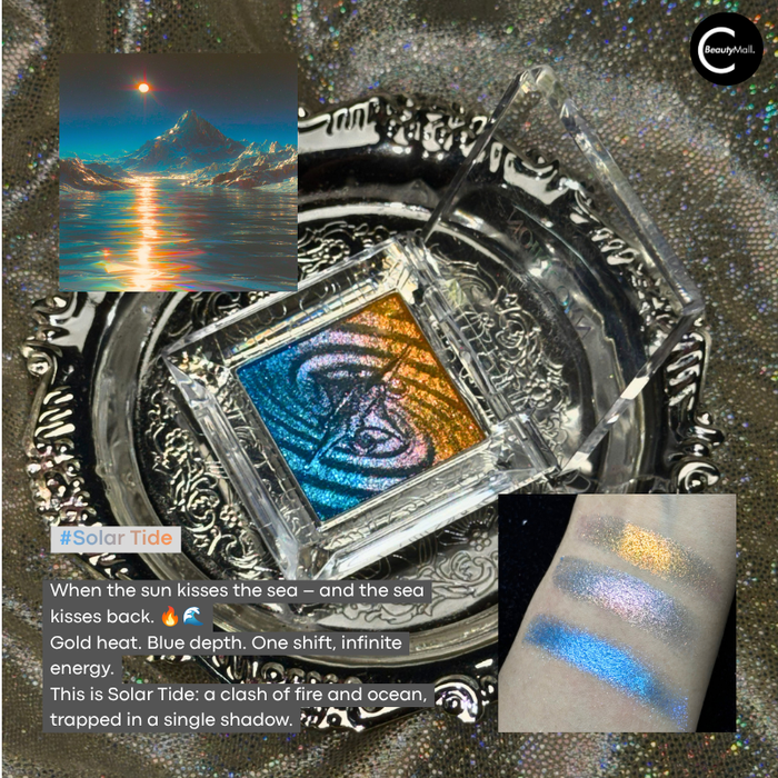 NOIRICORN Solar Tide eyeshadow pigment single in an open compact with blue and gold pressed pigment