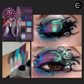 NOIRICORN SANCTUM BLOOM eyeshadow palette with illustrated cover, multicolor swatches, and glitter eye makeup close-ups