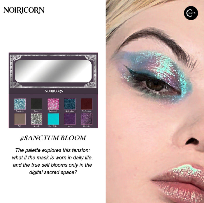 NOIRICORN SANCTUM BLOOM eyeshadow palette open with ten pans, beside a model wearing blue and purple glitter eye makeup.