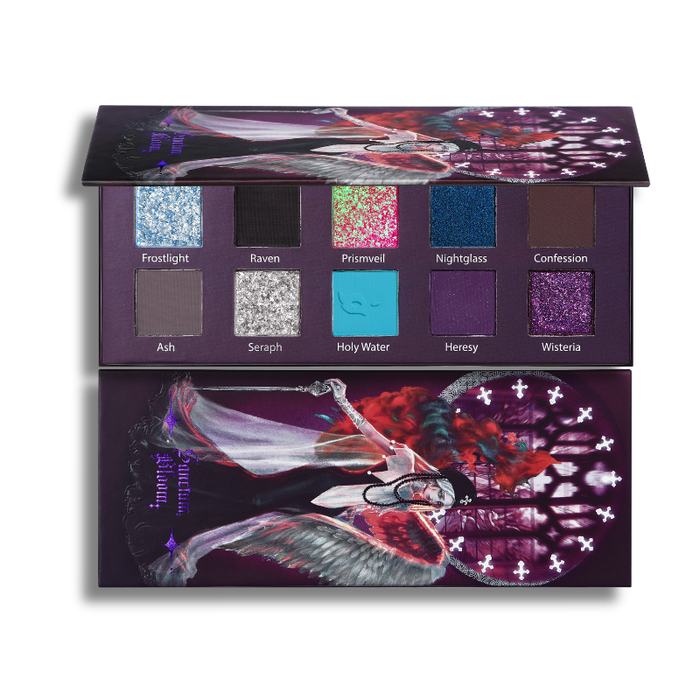 NOIRICORN SANCTUM BLOOM eyeshadow palette open and closed, showing 10 labeled shades and illustrated dark floral cover
