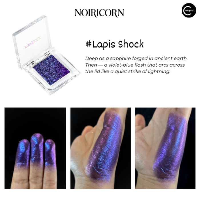 NOIRICORN Lapis Shock eyeshadow single in an open compact with violet-blue pigment swatches