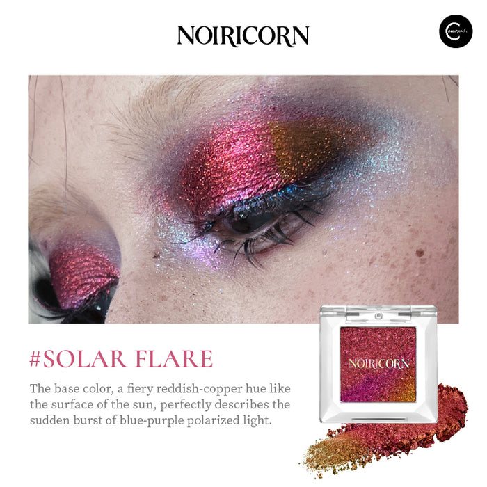 NOIRICORN Solar Flare single eyeshadow pigment with red, copper, blue and purple shimmer, compact and swatches