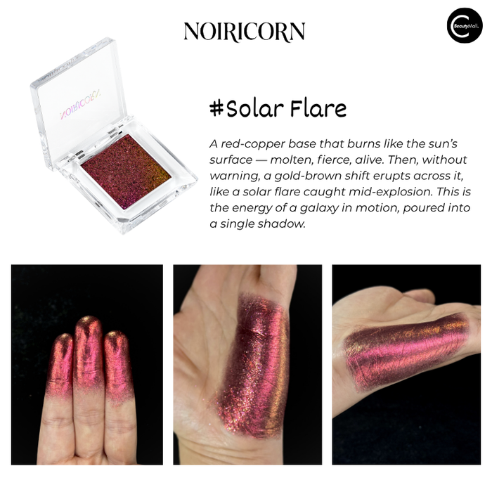 NOIRICORN Solar Flare pressed eyeshadow pan in a clear compact with copper-red shimmer