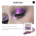 NOIRICORN Fuchsia Nova eyeshadow compact with pink-purple shimmer and swatch beside a close-up eye look