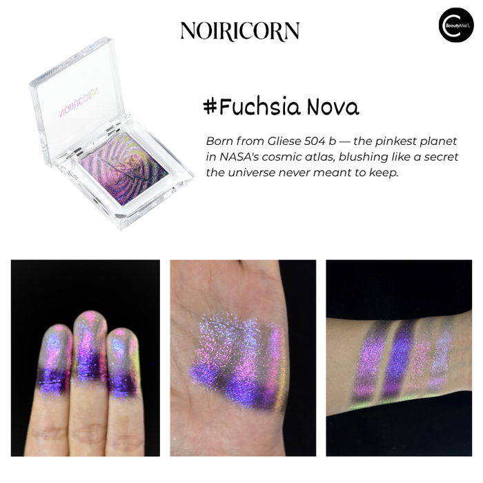 NOIRICORN Fuchsia Nova single eyeshadow compact with pink and purple shimmer swatches