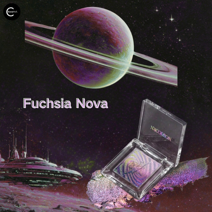 NOIRICORN Fuchsia Nova eyeshadow pigment single in a clear compact with swatched purple pigment