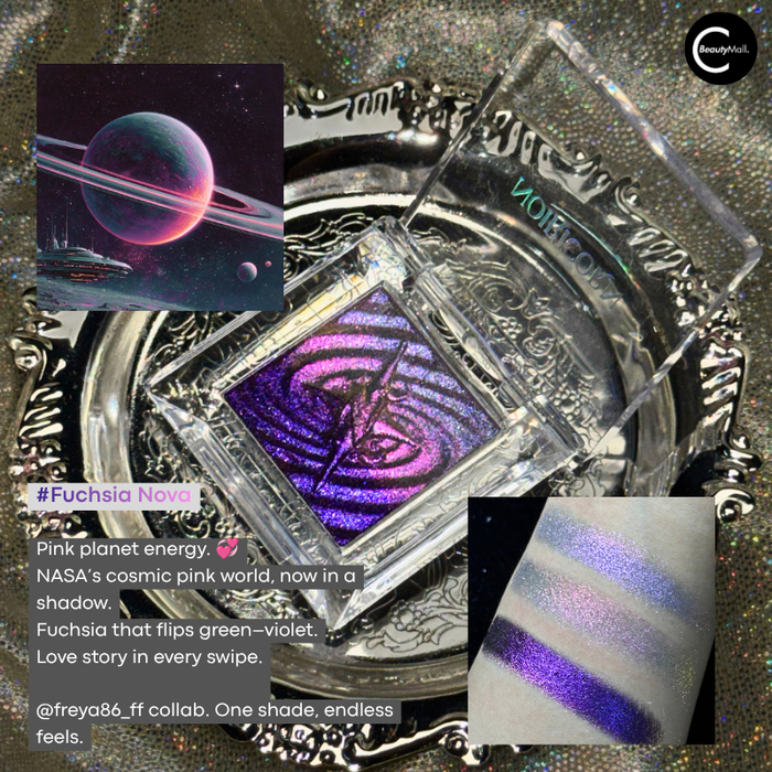 NOIRICORN Fuchsia Nova single eyeshadow in a clear compact, shown open with purple pigment, space artwork, and swatches