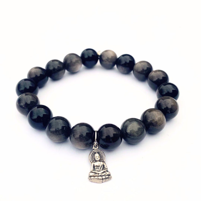 Obsidian Bracelet | Sterling Silver Buddha Charm
