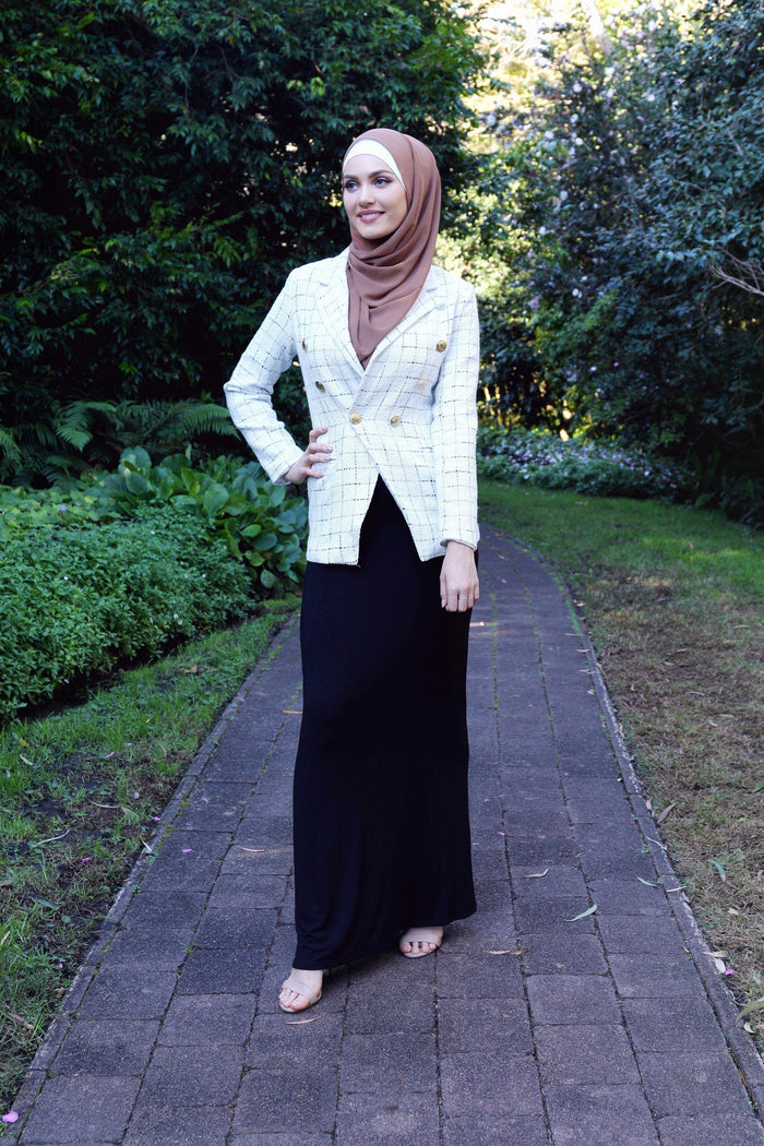 Off White and Gold Tweed Checked Blazer with Gold Buttons - Divinity Collection