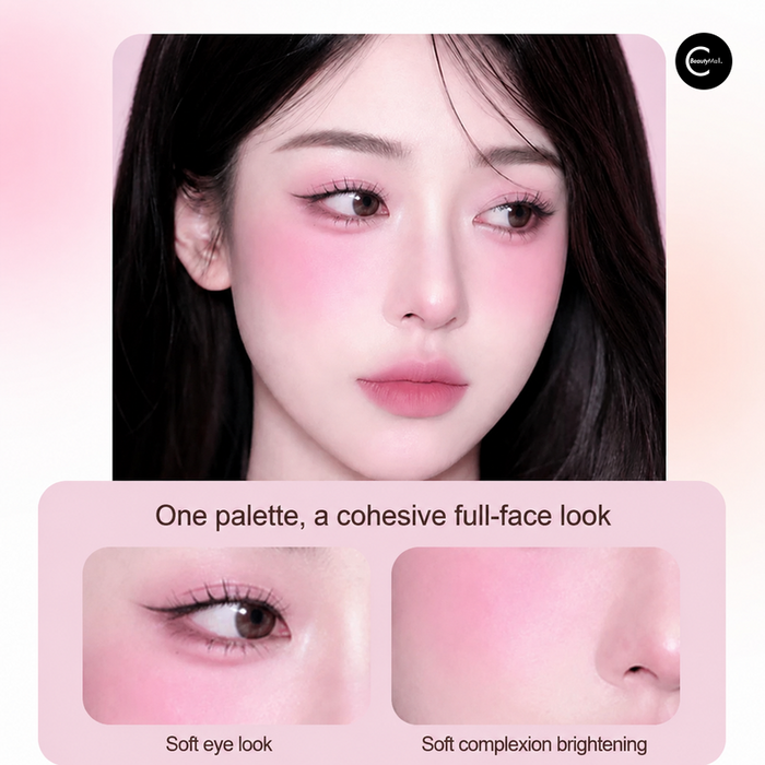Model wearing a soft pink makeup look with eye and complexion close-ups