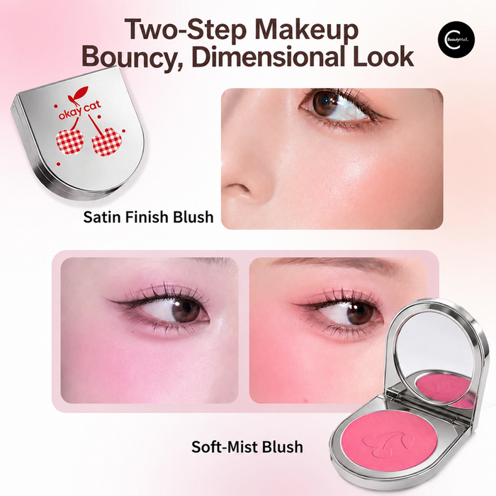 okay cat blush compact showing satin and soft-mist blush finishes with eye makeup results