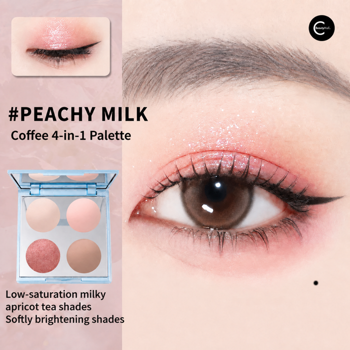 Four-pan Peach Milk Coffee eyeshadow palette with a close-up eye makeup look