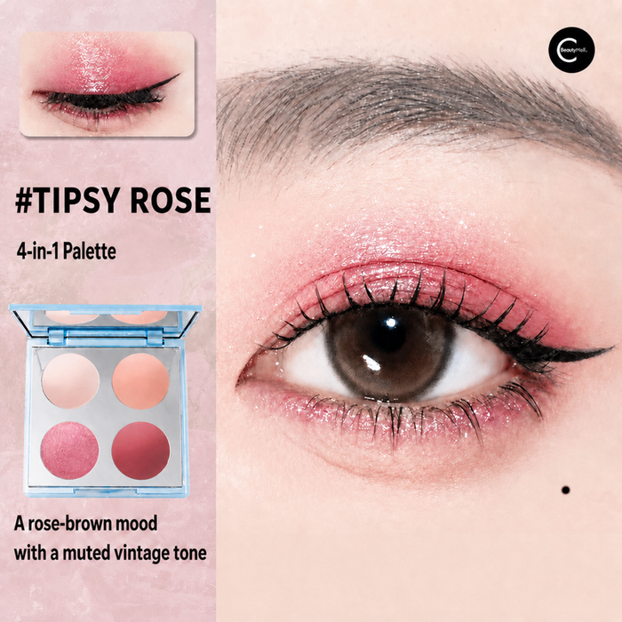 Four-pan rose-toned eyeshadow palette with a pink eye makeup look