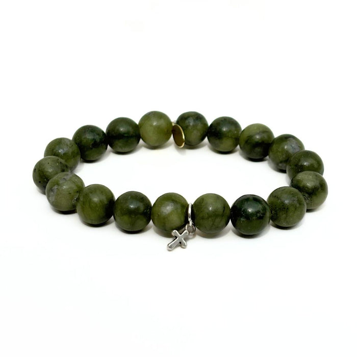 Olive Jade Bracelet + Silver Cross Charm