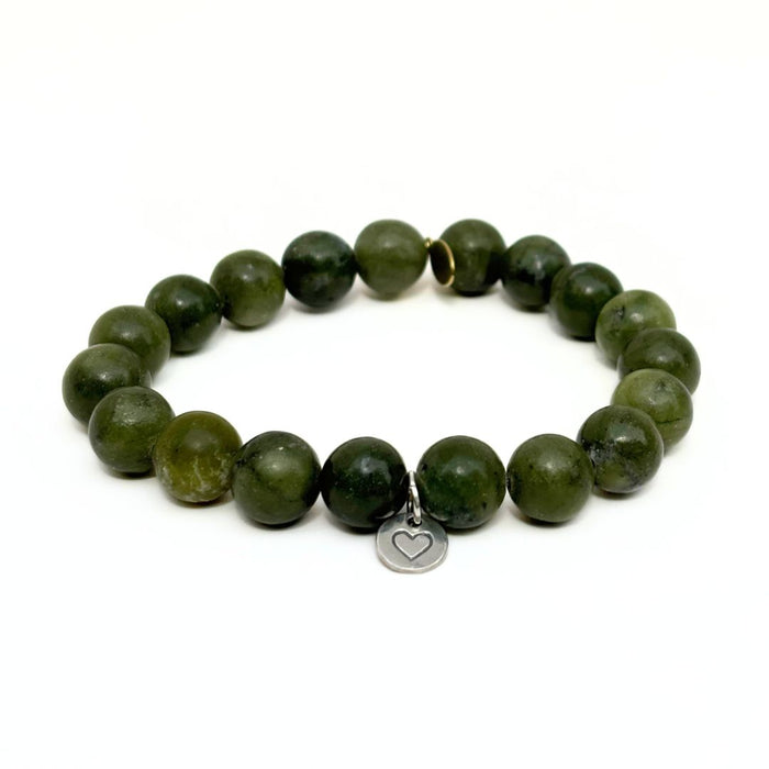 Olive Jade Bracelet + Sterling Silver Heart Charm