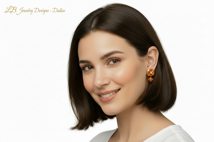 Orange Carnelian Gemstone Gold Stud Earrings 1”