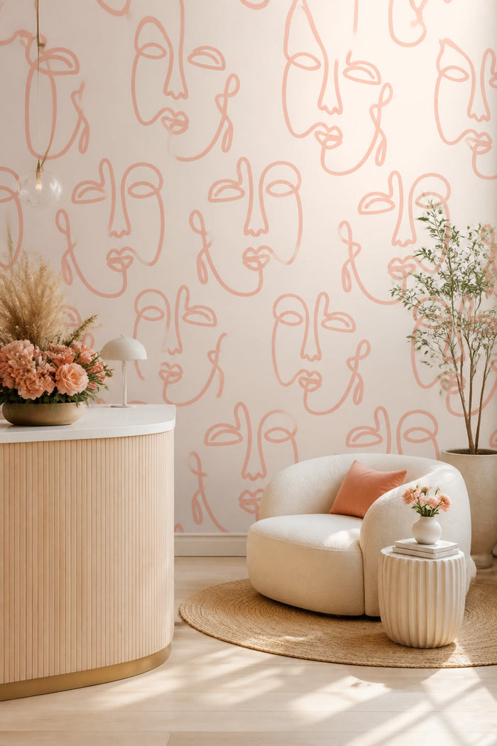 Pale Pink Empty Abstract Faces wall mural in a living room reception setting