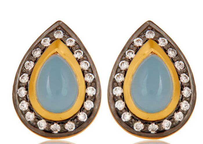 Pear-Shaped Aqua Chalcedony Pave Gemstone Earrings